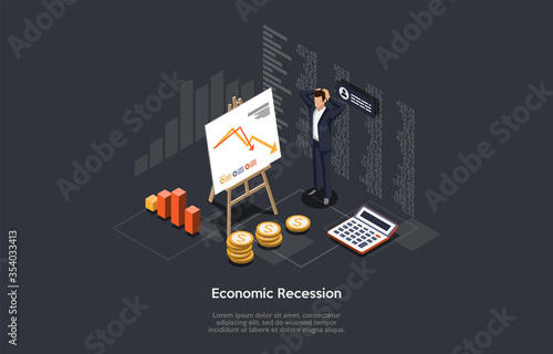 Concept Of World Economic Recession And Financial Crisis. Businessman Is Forming Financial Forecast In Shape Of Chart. Decreasing Chart On Presentation Billboard. Isometric 3D Vector Illustration