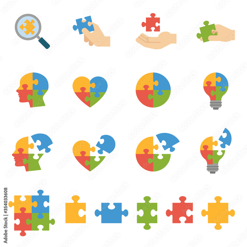 Fototapeta premium Jigsaw puzzle, Hand assembling puzzle icons set collection with white background. Thin line style stock vector.