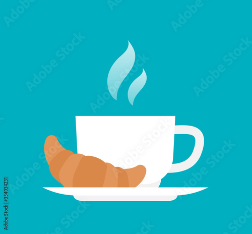 cup of coffee saucer and croissant flat vector illustration
