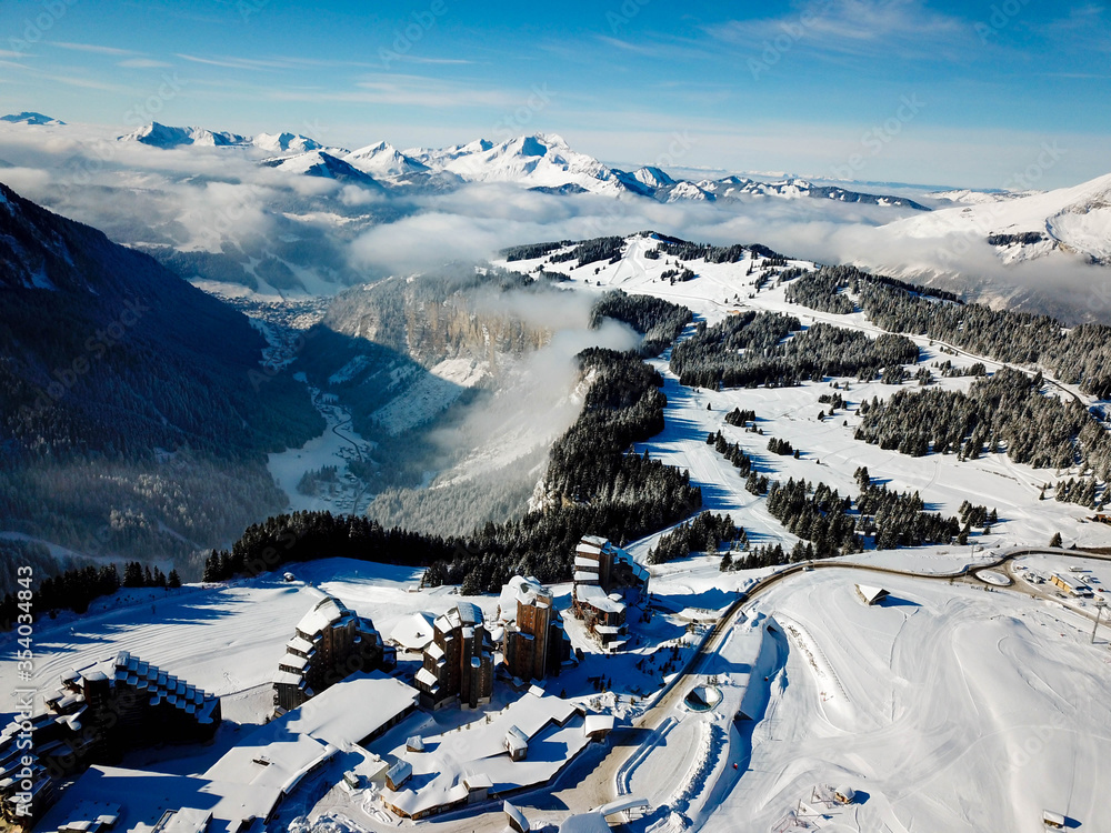 Εκτύπωση καμβά 4k photo Avoriaz Morzine, French Alps, Snow Resort city, Aerial view , Rhone-Alp