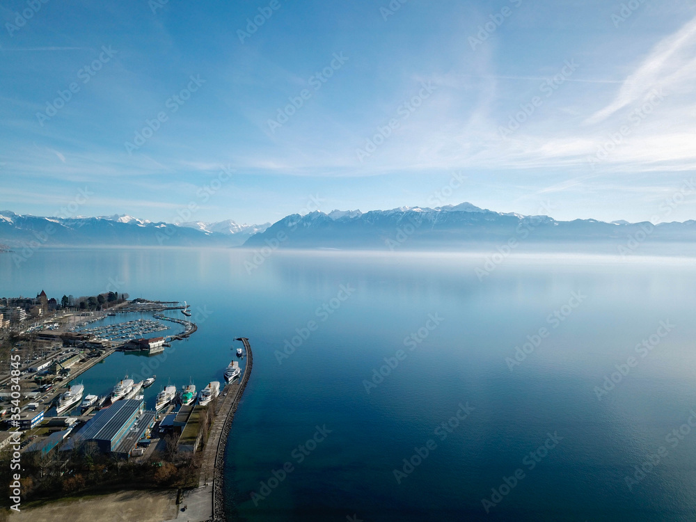 4k photo Lausanne pier, lake view, drone Aerial view of Lausanne , Switzerland, Europe