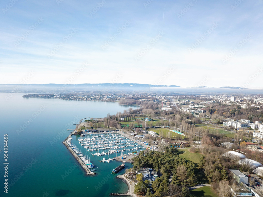 4k photo Lausanne pier, lake view, drone Aerial view of Lausanne , Switzerland, Europe