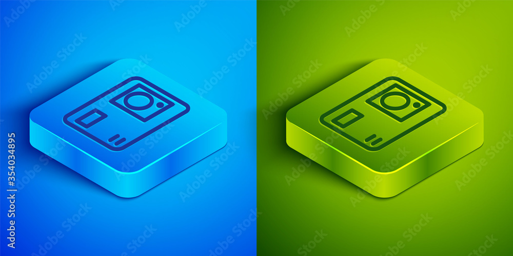 Isometric line Action extreme camera icon isolated on blue and green background. Video camera equipment for filming extreme sports. Square button. Vector Illustration. Isometric line Action extreme camera icon isolated on blue and green background. Video camera equipment for filming extreme sports. Square button. Vector Illustration.