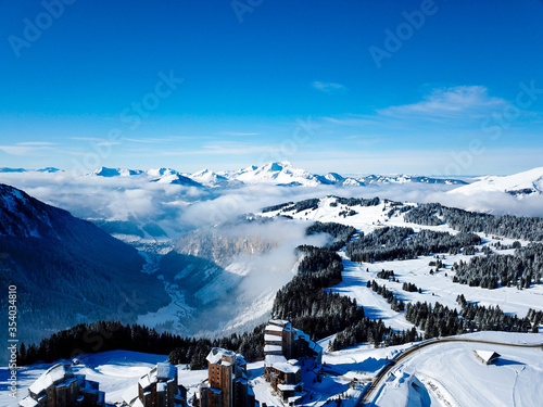 4k photo Avoriaz Morzine, French Alps, Snow Resort city, Aerial view , Rhone-Alpes, France, Europe photo