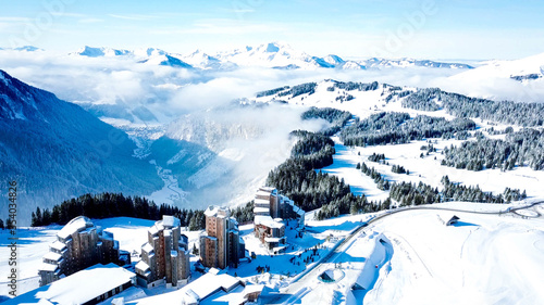 4k photo Avoriaz Morzine, French Alps, Snow Resort city, Aerial view , Rhone-Alpes, France, Europe photo