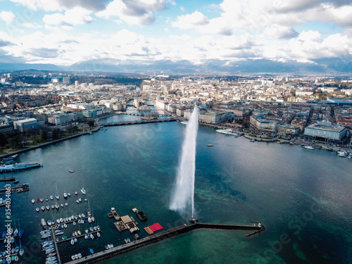 4k photo iconic landmark Jet D deau drone Aerial view of Geneva, Switzerland, Europe