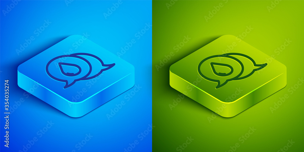 Isometric line Water drop with speech bubbles icon isolated on blue and green background. Square button. Vector Illustration. Isometric line Water drop with speech bubbles icon isolated on blue and green background. Square button. Vector Illustration.