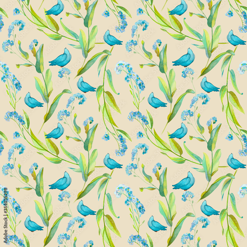 Watercolor seamless pattern of blue little flowers and blue birds, pigeons on a beige background. Hand drawn isolated elements. Suitable for wedding products and home comfort