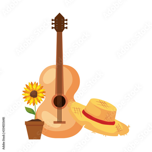 sunflower with hat wicker and classical wooden guitar on white background vector illustration design