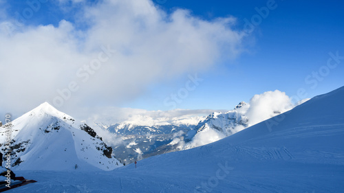 Snow-covered mountains view from above.