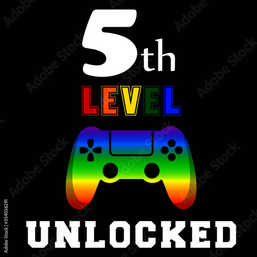 5th Level Unlocked Funny 5th Birthday Video Game Controller Pc Game Player Gamer Kids Birthday Gift Graphic Design Isolated Vector Illustration for Fifth Birthday T-shirt Banner Card Decoration