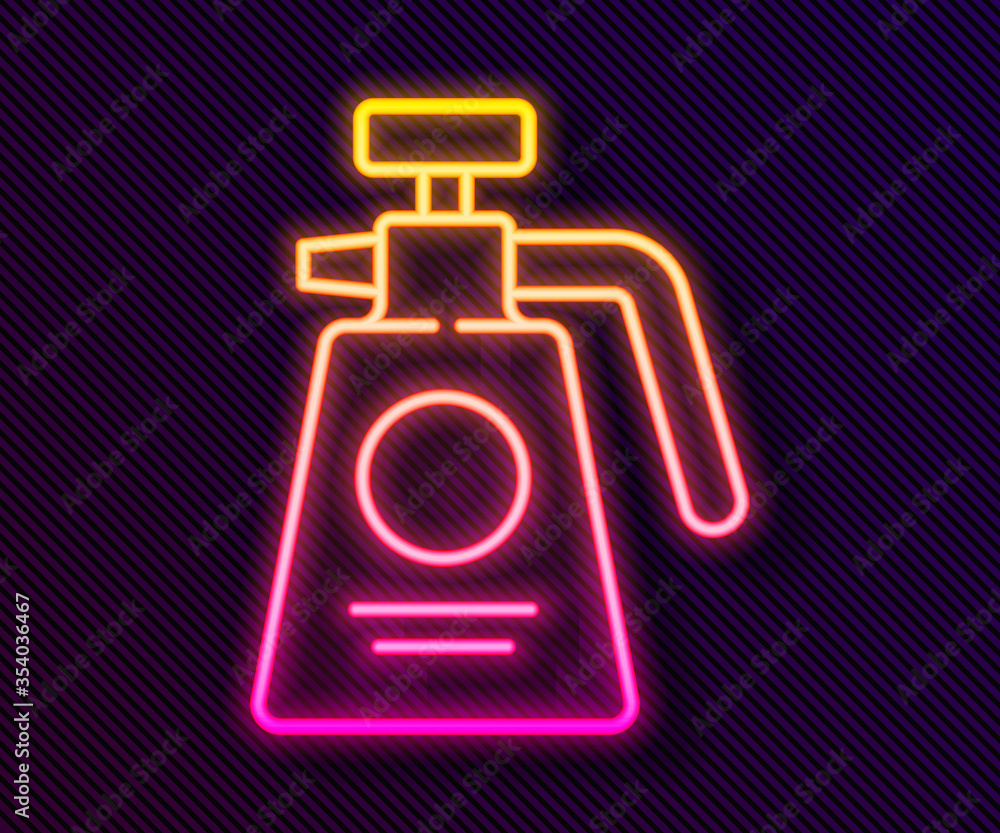 Glowing neon line Garden sprayer for water, fertilizer, chemicals icon isolated on black background. Vector Illustration. Glowing neon line Garden sprayer for water, fertilizer, chemicals icon isolated on black background. Vector Illustration.