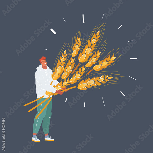 Illustration of man with wheat with big sheaf of wheat.