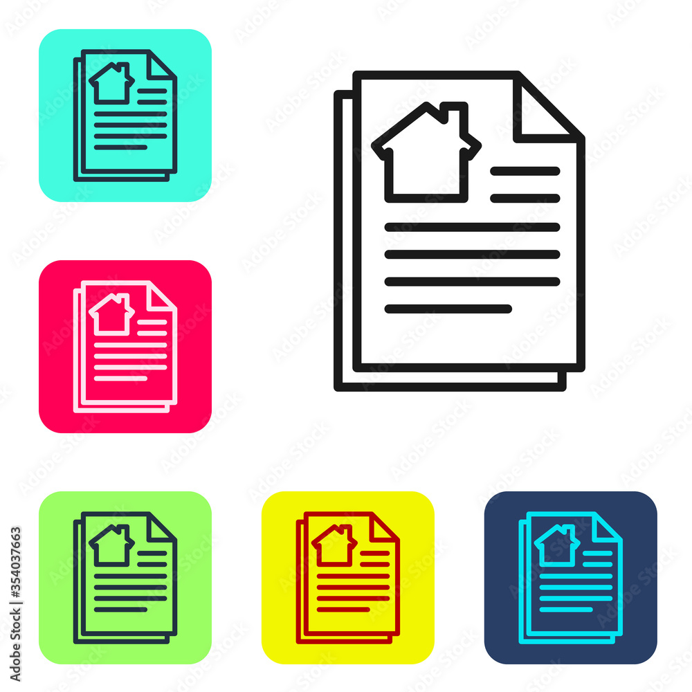 Black line House contract icon isolated on white background. Contract creation service, document formation, application form composition. Set icons in color square buttons. Vector Illustration. Black line House contract icon isolated on white background. Contract creation service, document formation, application form composition. Set icons in color square buttons. Vector Illustration.