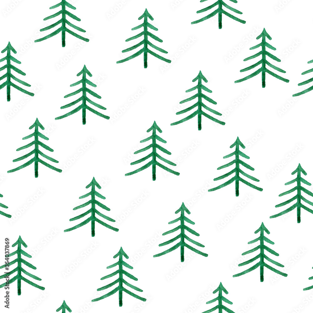 Christmas trees seamless pattern, white background, watercolor 