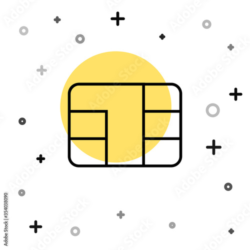 Black line Credit card with chip icon isolated on white background. Contactless payment. Random dynamic shapes. Vector Illustration.