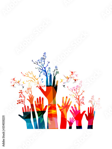 Colorful human hands raised with trees isolated vector illustration. Charity and help, volunteerism, community support and social care concepts 