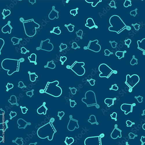 Green line Oven glove icon isolated seamless pattern on blue background. Kitchen potholder sign. Cooking glove. Vector Illustration.