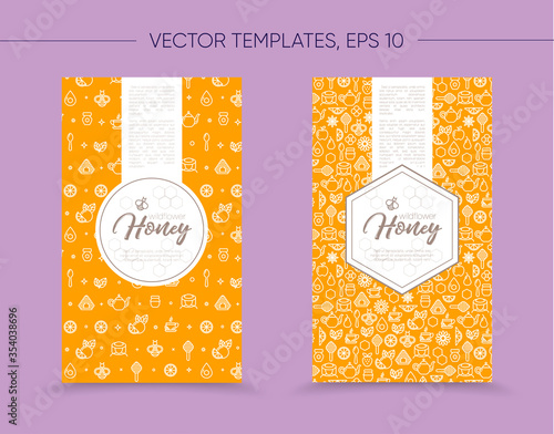 Vector template with honey bee emblem and seamless pattern. Honey outline icons. Warm yellow color. Card, label, banner design template. Vertical format.