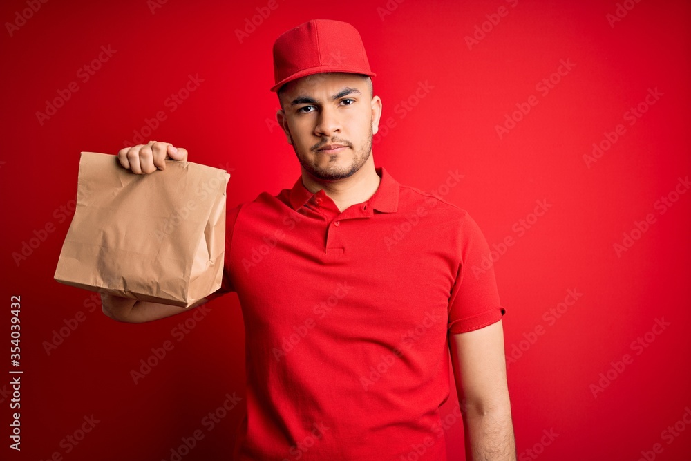 Young handsome delivery man holding paper bag with takeaway food over red background with a confident expression on smart face thinking serious