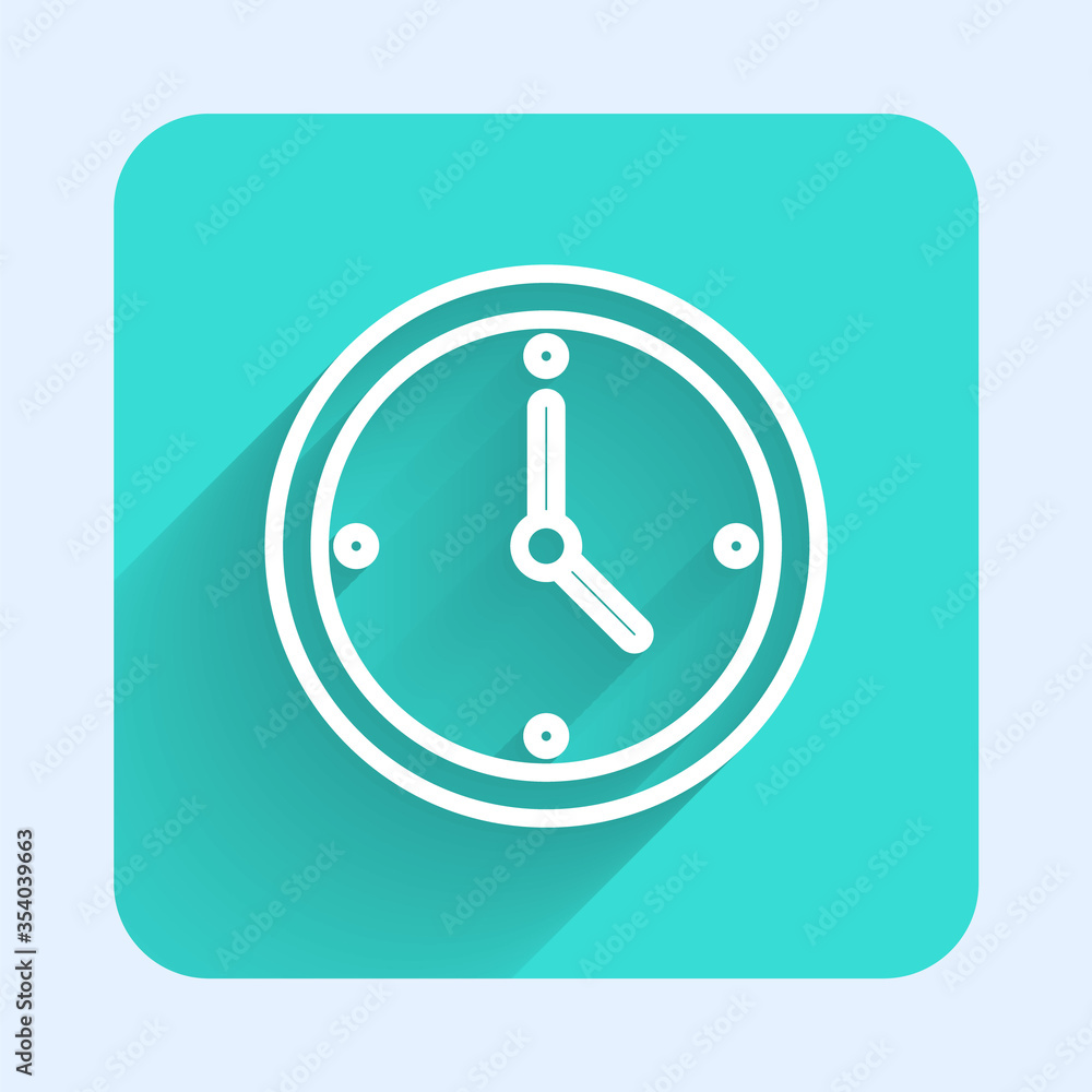 White line Clock icon isolated with long shadow. Time symbol. Green square button. Vector Illustration. White line Clock icon isolated with long shadow. Time symbol. Green square button. Vector Illustration.