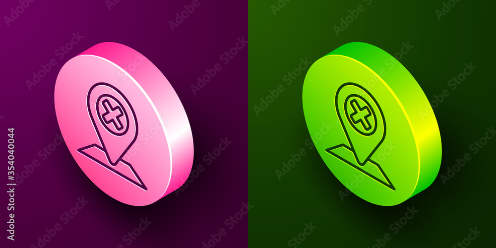 Isometric line Map pin icon isolated on purple and green background. Navigation, pointer, location, map, gps, direction, place, compass, search concept. Circle button. Vector Illustration. Isometric line Map pin icon isolated on purple and green background. Navigation, pointer, location, map, gps, direction, place, compass, search concept. Circle button. Vector Illustration.