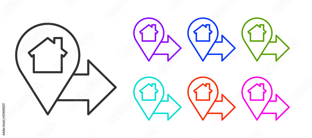 Black line Map pointer with house icon isolated on white background. Home location marker symbol. Set icons colorful. Vector Illustration. Black line Map pointer with house icon isolated on white background. Home location marker symbol. Set icons colorful. Vector Illustration.