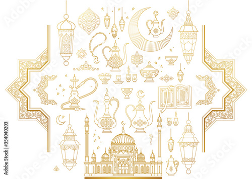 Vector set with arabic elements for Ramadan Greetings, Iftar Party  invitation. Arabic hookah, coffee pot, crescent, Eastern lanterns for Iftar, Eid Al-Fitr decoration. Muslim feast of Ramadan month. 