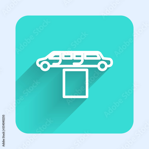 White line Luxury limousine car and carpet icon isolated with long shadow. For world premiere celebrities and guests poster. Green square button. Vector Illustration.