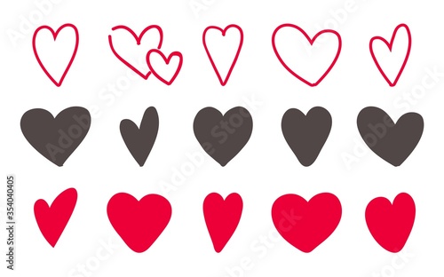 Love hearts icon set. Hand drawn lovely red and outline sketch. Vector illustration hand made heart shapes for valentine holiday photo