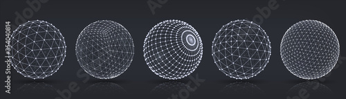 Grid spheres. Realistic 3D globes with abstract net or wireframe for chemical or biology, infographic, round particles structure concept. Vector set connect in circle wireframe structure