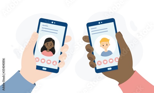 Dating application for smartphones. Hands holding smartphones. People dating through an online app.