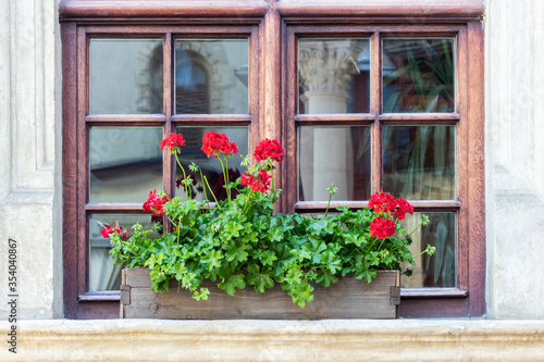 Beautiful vintage wooden window painted in brown color. Wooden box with flowers on the windowsill. © Serhii