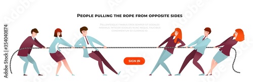 Tug war banner. Cartoon diverse people pulling the rope from opposite sides, teamwork and competition. Vector illustration office team persons at business contest