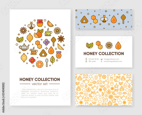Set of templates with honey, bee, honeycomb. Design element, outline set, icons of honey symbols. Honey market badge. Beekeeping. Vector illustration, eps 10.