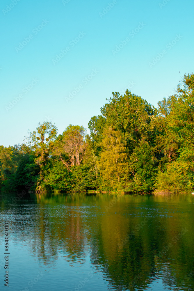 Reflection of trees on lake in the Garden of Pourtalès