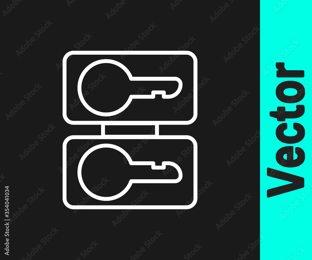 White line Metal mold plates for casting keys icon isolated on black background. Set for mass production and forgery of the keys. Vector Illustration. White line Metal mold plates for casting keys icon isolated on black background. Set for mass production and forgery of the keys. Vector Illustration.