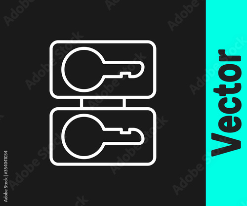 White line Metal mold plates for casting keys icon isolated on black background. Set for mass production and forgery of the keys. Vector Illustration.