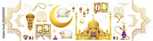 Vector set with arabic elements for Ramadan Greetings, Eid Al-Adha, Eid Mubarak cards. Arabic mosque, koran, crescent, Eastern lanterns for Kurban Bayraminiz. Islamic holidays. Easy to use, layred photo