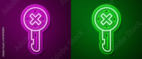 Glowing neon line Wrong key icon isolated on purple and green background. Vector Illustration.