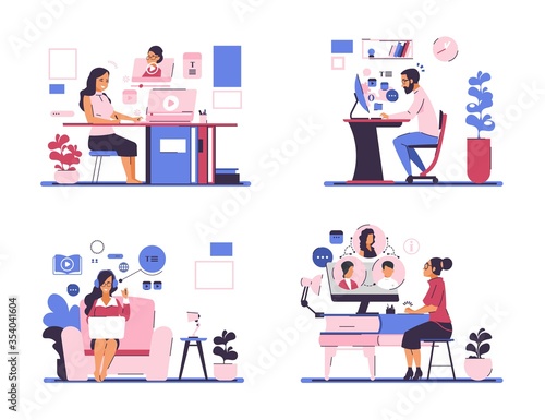 Webinar. Online meeting and self education concept with business cartoon characters staying at home. Vector illustrations online lessons and tutorial like educational template site