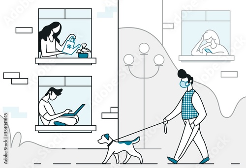 Quarantine. Cartoon line background with people staying at home and man walking with dog, CoVID prevention and self isolation concept. Vector trendy lifestyle concepts in virus time