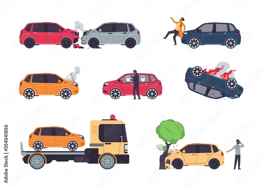 Car accidents. Insurance cases, vehicle collision and car crash, theft protection, cartoon damaged auto and car insurance risks. Vector set illustrations broken vehicle