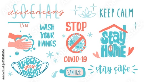 Covid lettering. Social distancing and corona virus prevention, quarantine and staying at home quotation. Vector lettering elements bacterial hygiene rules