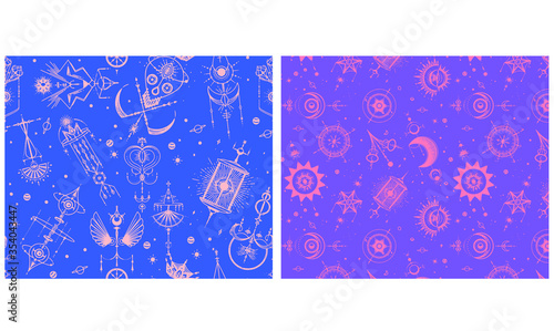 Wiccan seamless pattern with magic symbols. space and mystical objects, spirituality and occultism, Ideal for textiles, magic stores, fortune tellers, tarot readers