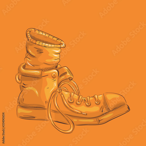 Shoes for travel and brisk walking. Orange sneaker with a fashionable pattern. Cartoon style. T-shirt design idea.