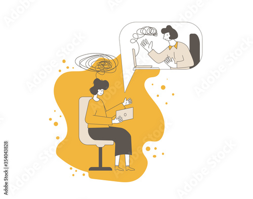 Online stress therapy scene. Color vector flat.