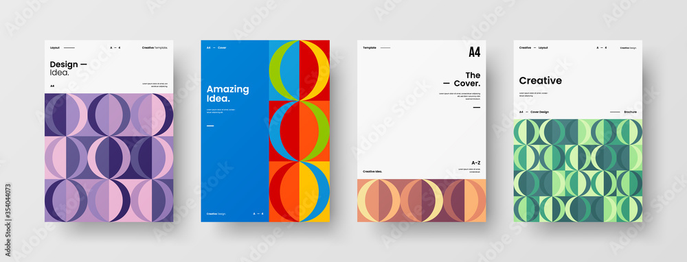 Fototapeta premium Company identity brochure template collection. Business presentation vector A4 vertical orientation front page mock up set. Corporate report cover abstract geometric illustration design layout bundle.