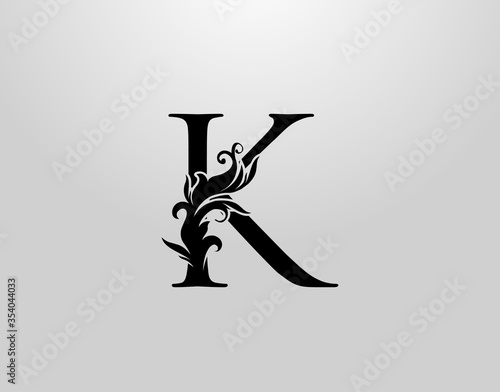 Letter K Swirl Logo. Classic K Letter Design Vector with Black Color and Floral Hand Drawn.