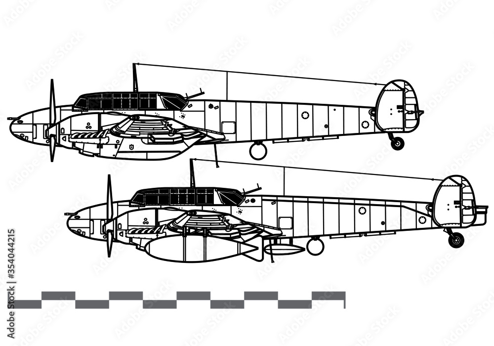 Messerschmitt Bf 110C-D. World War 2 Heavy fighter. Side view. Image for illustration and infographics.